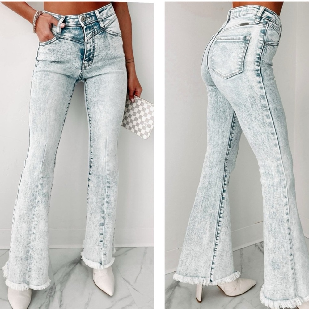 KanCan High Rise Acid Wash Flare Jeans Raw Hem Stretch Denim 28 NWT